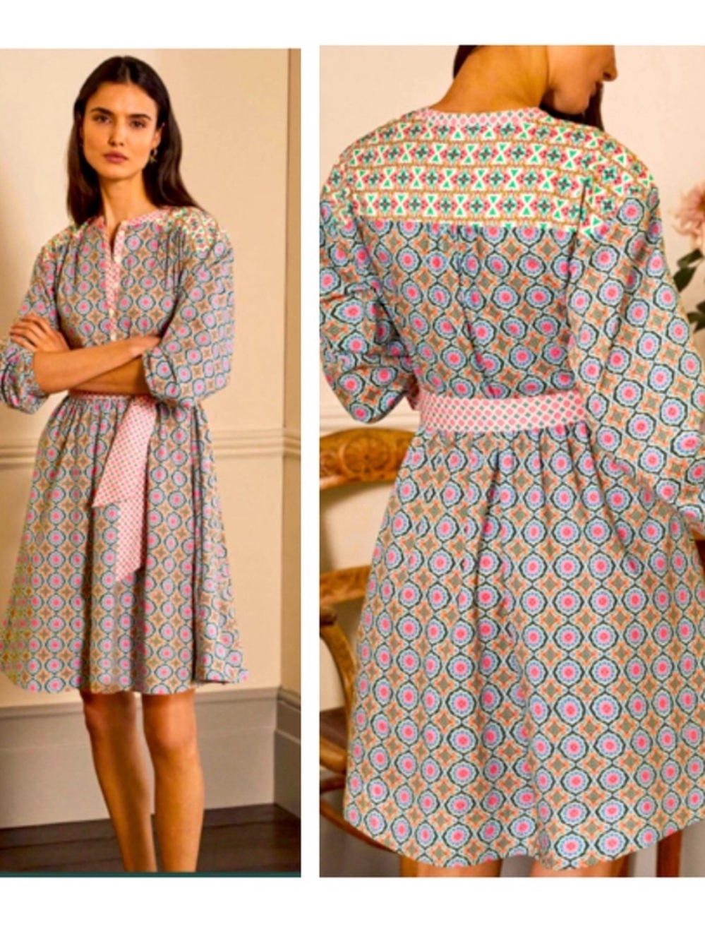 Boden Mosaic Tile Print Henley Shirt Dress Cotton Poplin Belted Mini Sz 10